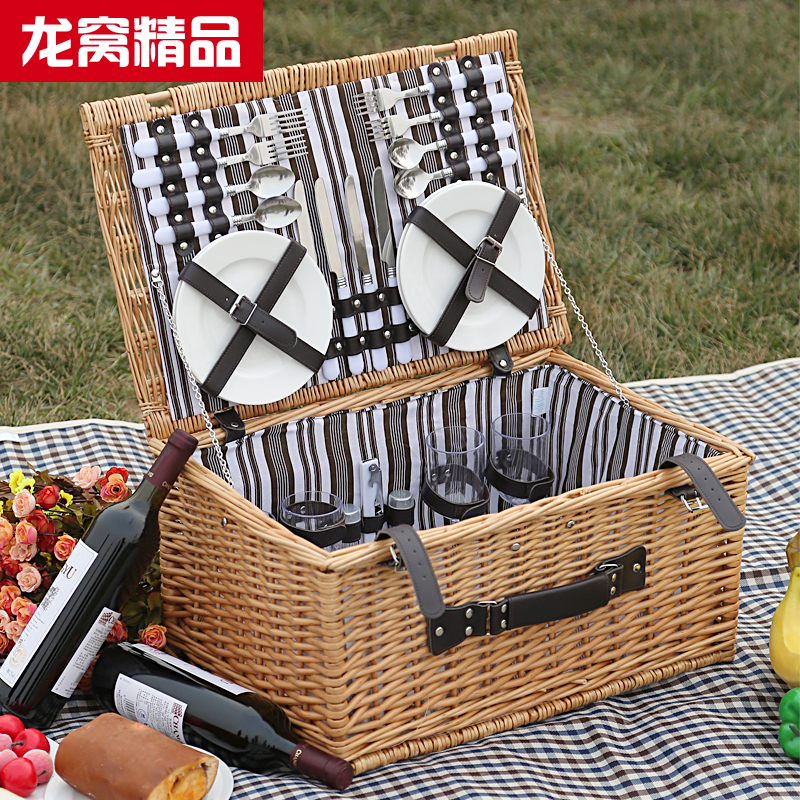 Longwo home rattan picnic basket with lid blue contadino portable outdoor p...