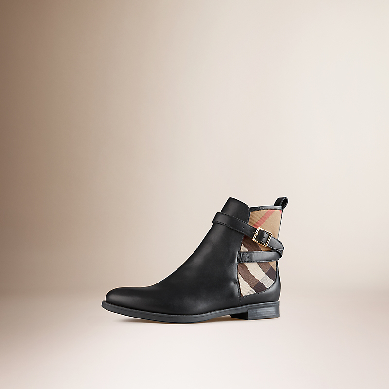 house check leather ankle boots